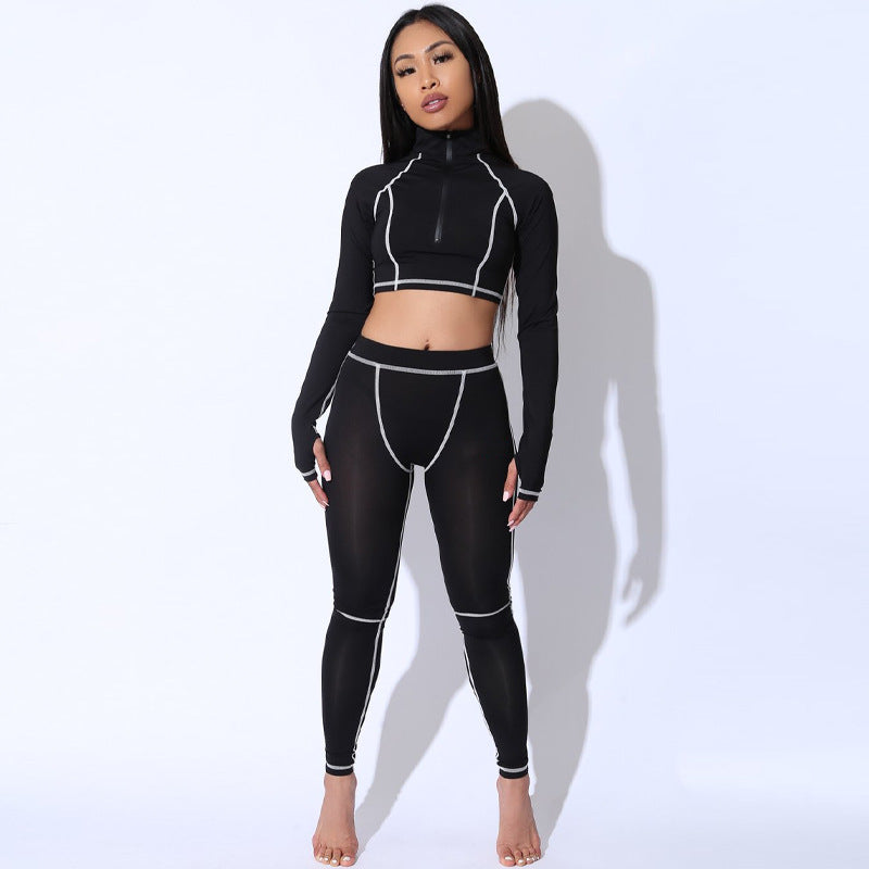 Contrast-Seam Half-Zip Top and Leggings Set - Black