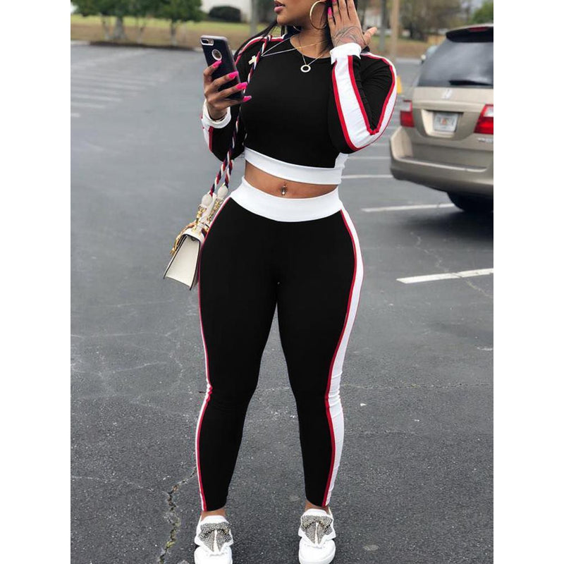 Contrast-Stripe Crop Top and Leggings Set - Black