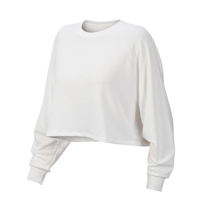 Loose Long Sleeve Crop Top with Banded Cuffs - White