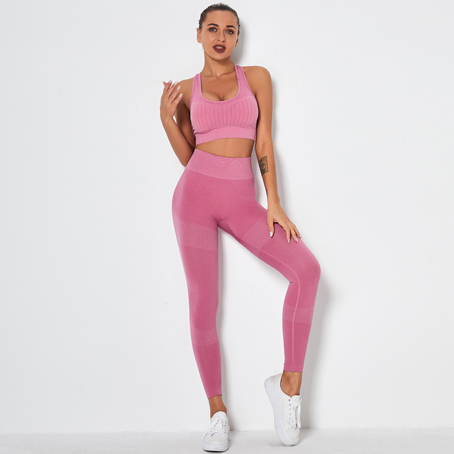 Ribbed Crop Top and Colorblock Leggings Set - Pink