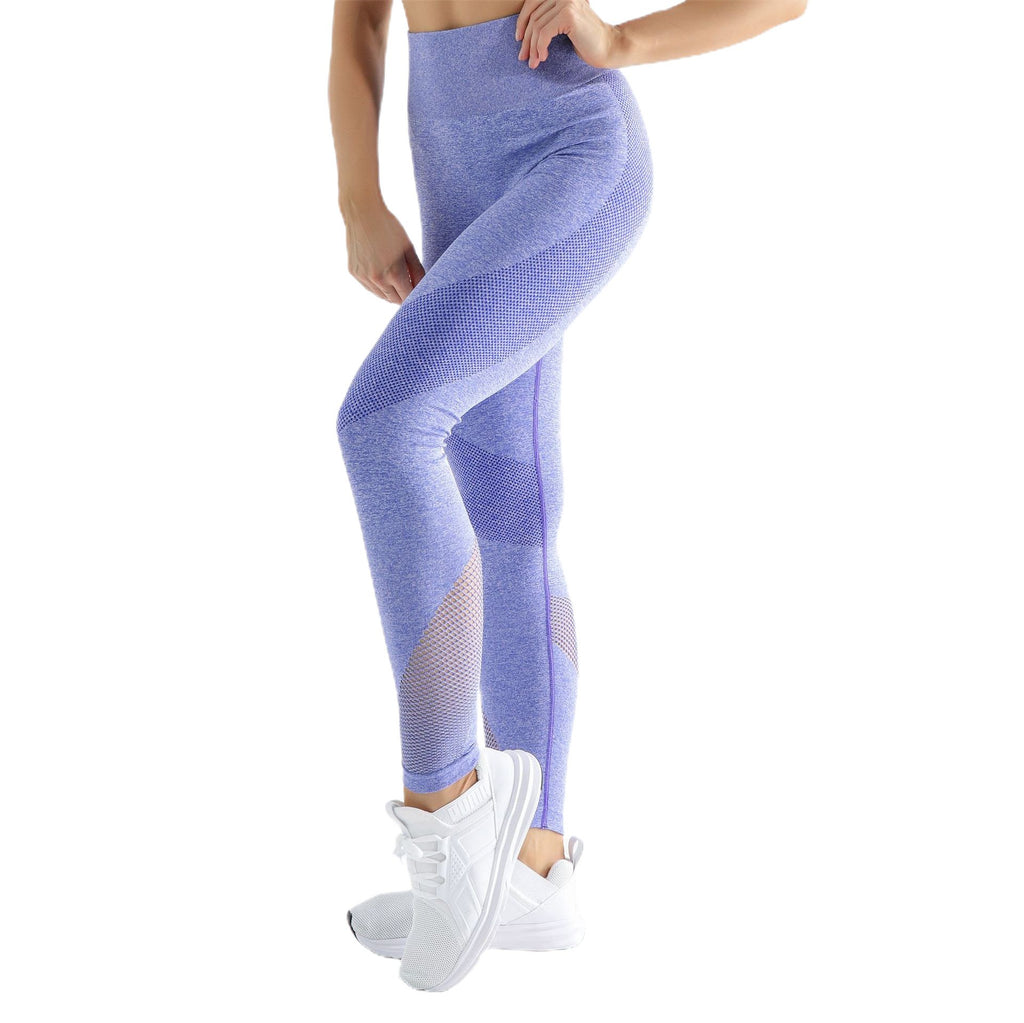 High-Waisted Heathered Leggings with Sheer Panels - Periwinkle