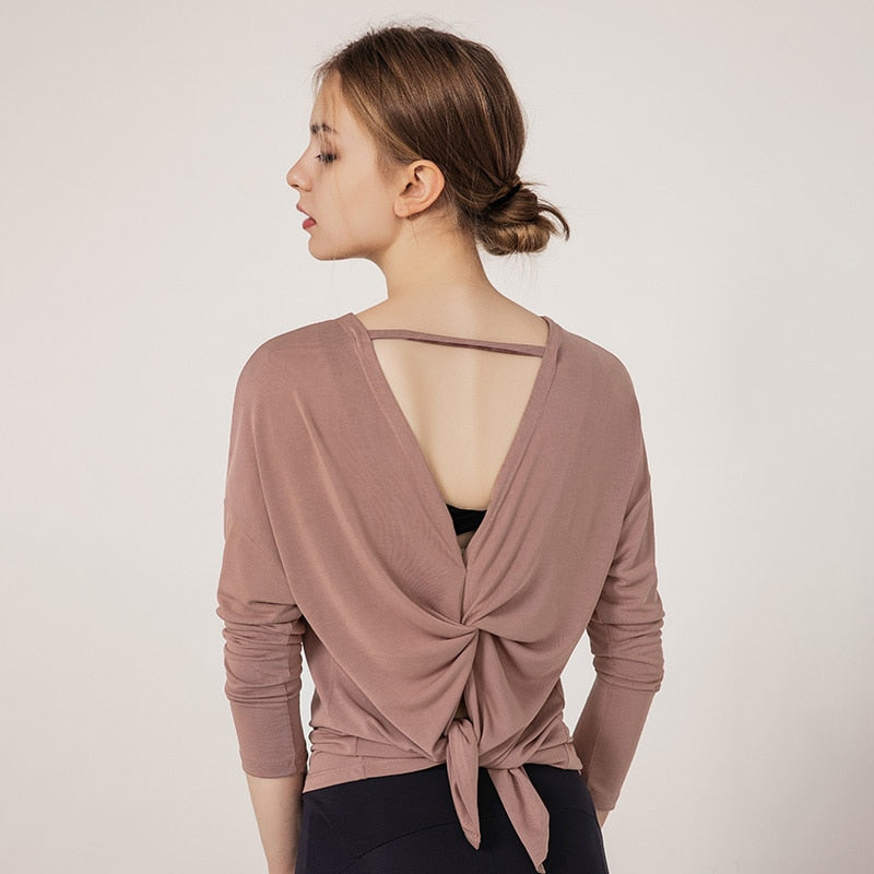 Long Sleeve Top with Tie-Back Opening - Dusty Rose