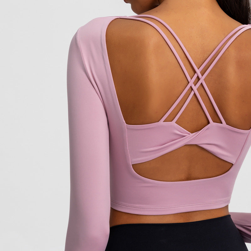Long Sleeve Crop Top with Cross-Strap Back