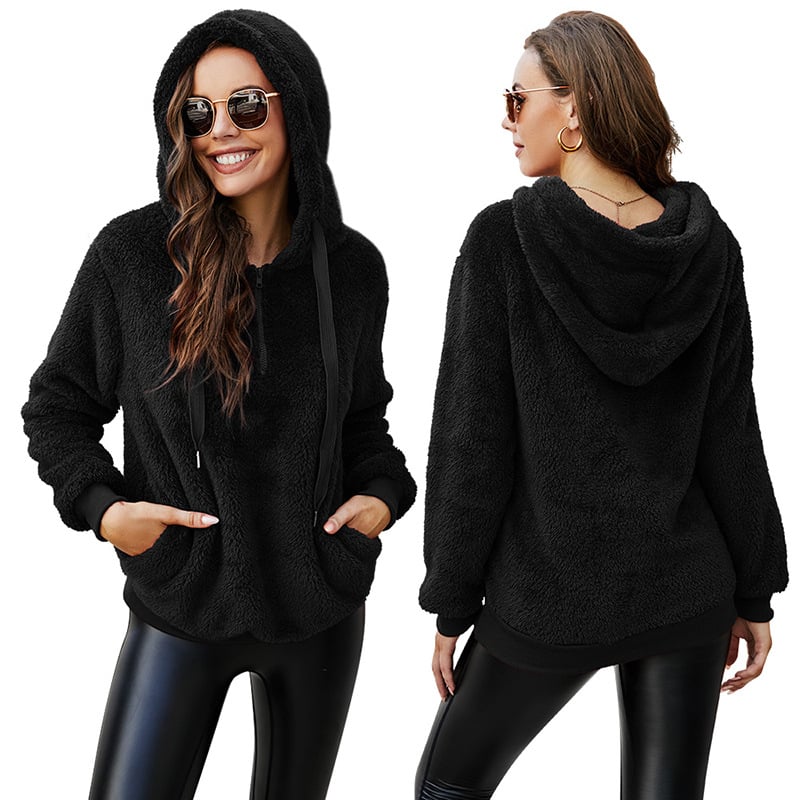 Plush Half-Zip Hoodie with Front Pocket - Black