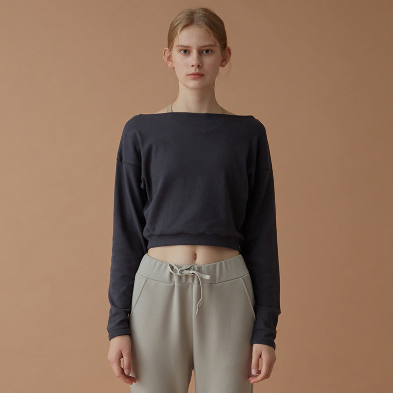 Long Sleeve Crop Top with Crossover Neckline - Navy