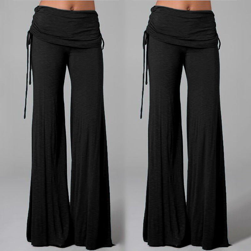 Wide-Leg Dance Pants with Gathered Waist Overlay - Black