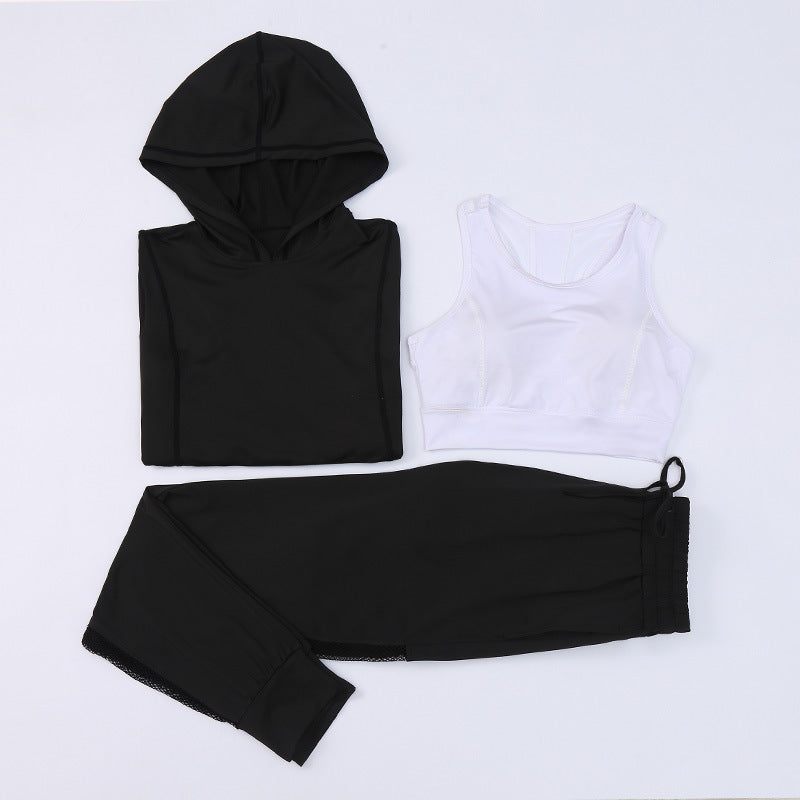 Three-Piece Hooded Top and Joggers Set - Black and White