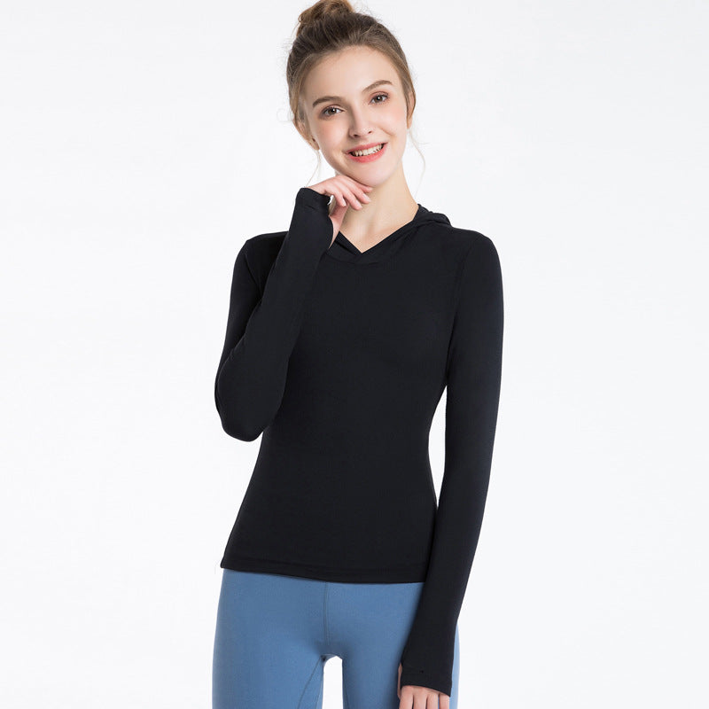 Fitted Long Sleeve Hoodie with Thumbholes - Black