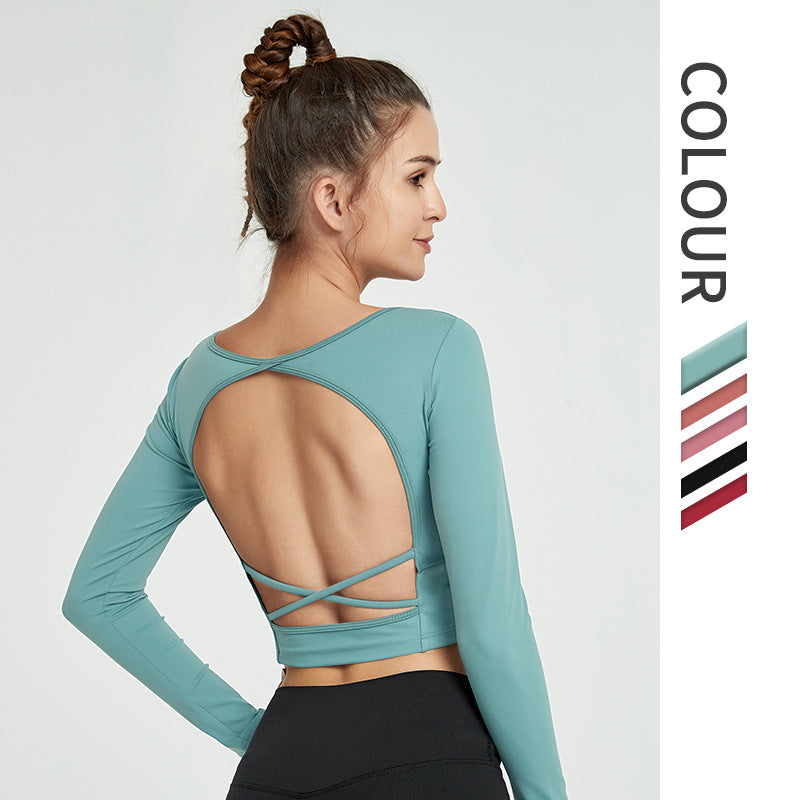 Long Sleeve Crop Top with Cross-Strap Open Back - Sage