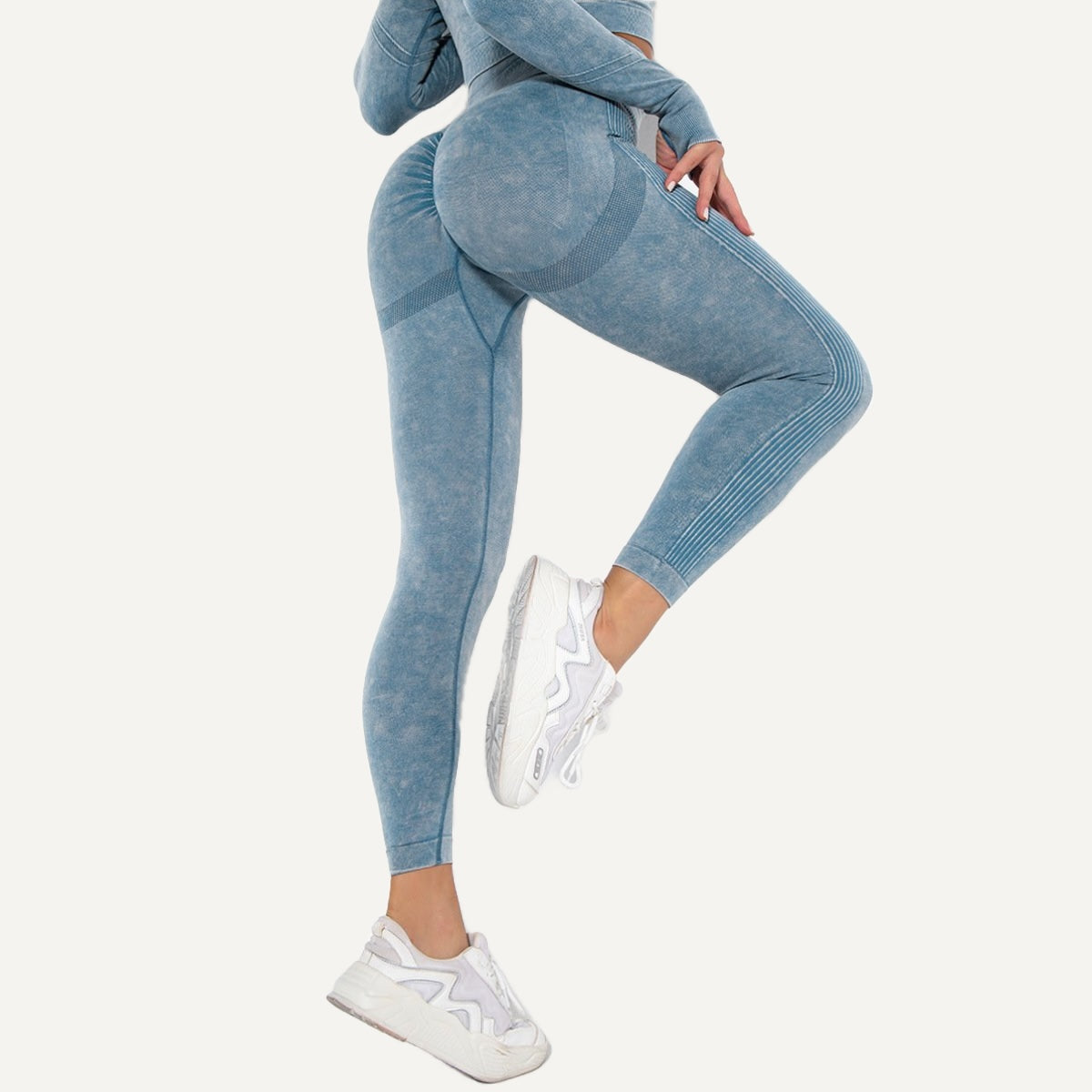 High-Waisted Mottled Knit Leggings - Dusty Blue