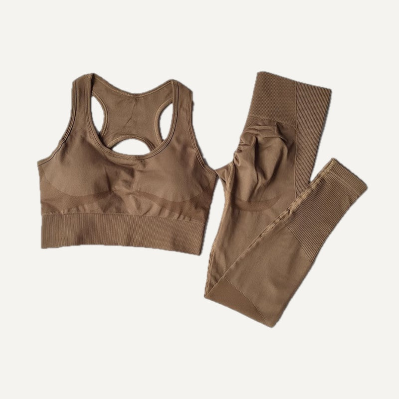 Crisscross-Back Sports Bra and Leggings Set - Brown