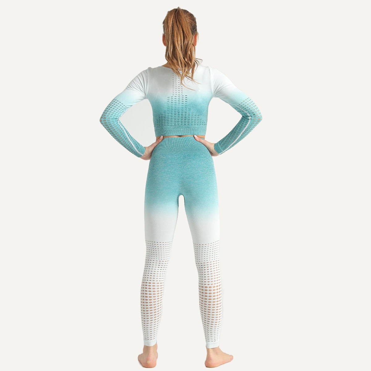 Textured Long Sleeve Crop Top and Leggings Set - Teal