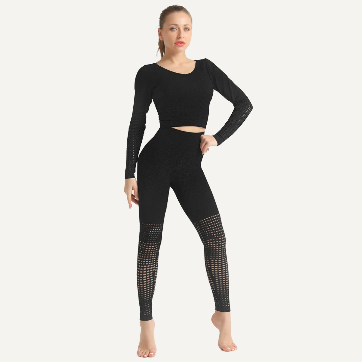 Textured Long Sleeve Crop Top and Leggings Set - Black