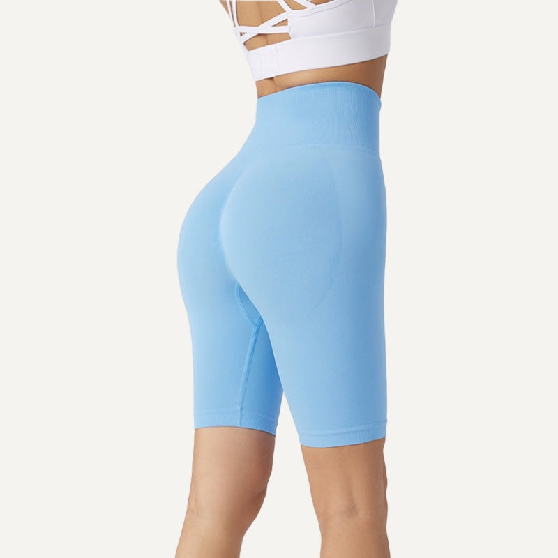 High-Waisted Biker Shorts with Textured Panels - Sky Blue