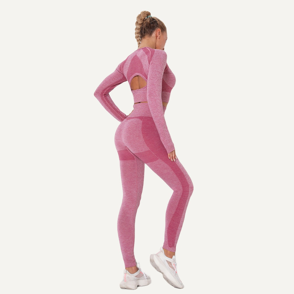 Open-Back Long Sleeve Crop Top and Leggings Set - Berry