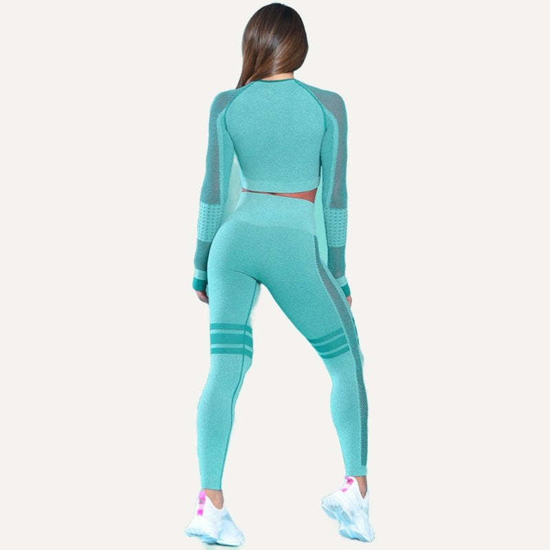 Long Sleeve Paneled Crop Top and Leggings Set - Teal