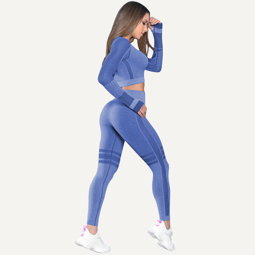 Long Sleeve Paneled Crop Top and Leggings Set - Periwinkle