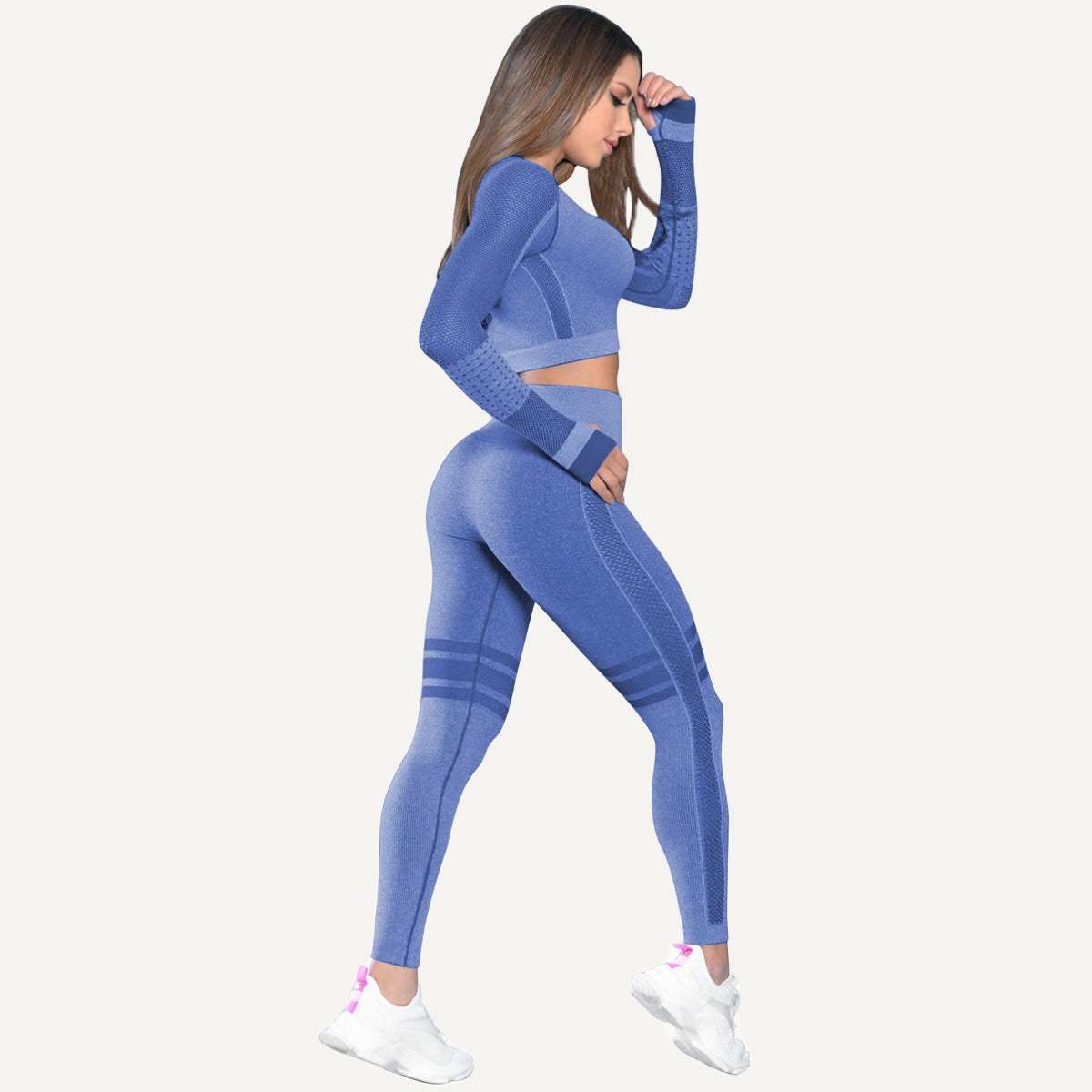 Long Sleeve Paneled Crop Top and Leggings Set - Periwinkle