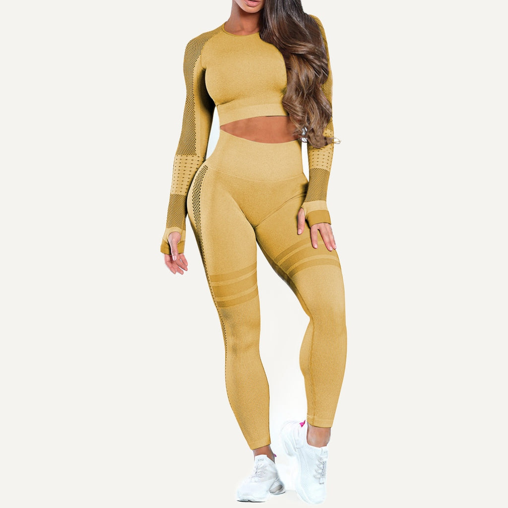 Long Sleeve Paneled Crop Top and Leggings Set - Mustard