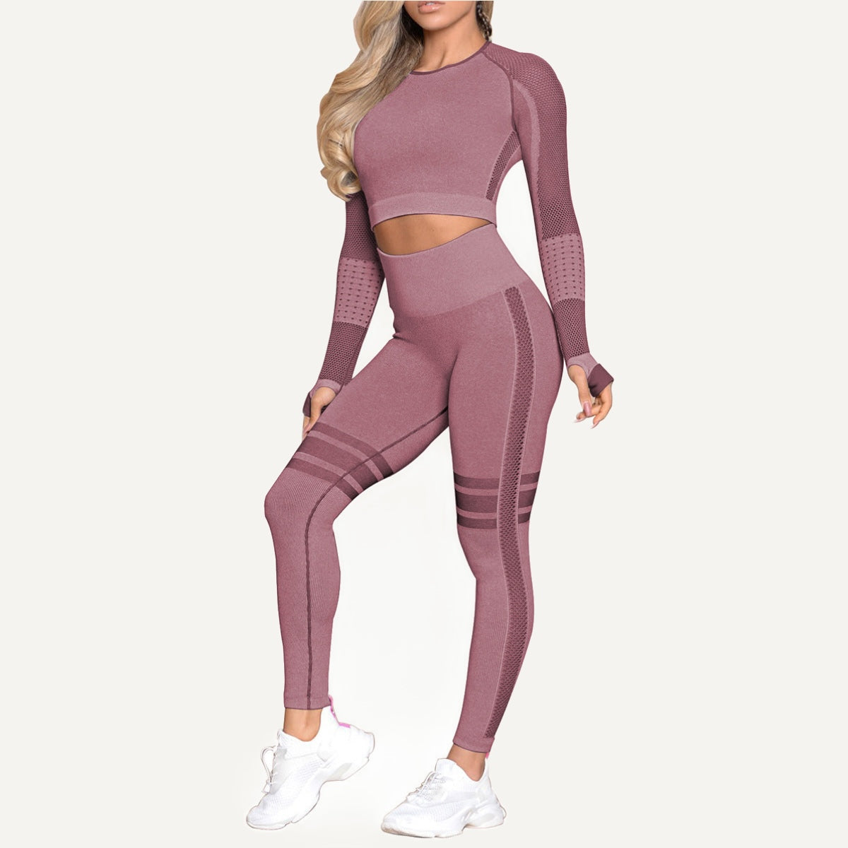Long Sleeve Paneled Crop Top and Leggings Set - Mauve