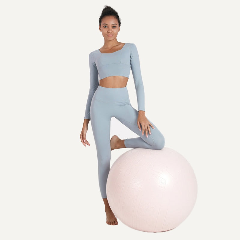 Square-Neck Long Sleeve Crop Top and Leggings Set - Light Blue