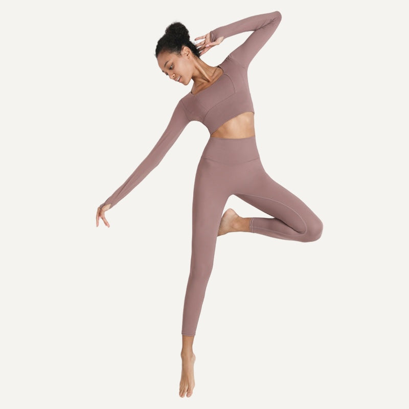 Square-Neck Long Sleeve Crop Top and Leggings Set - Mauve