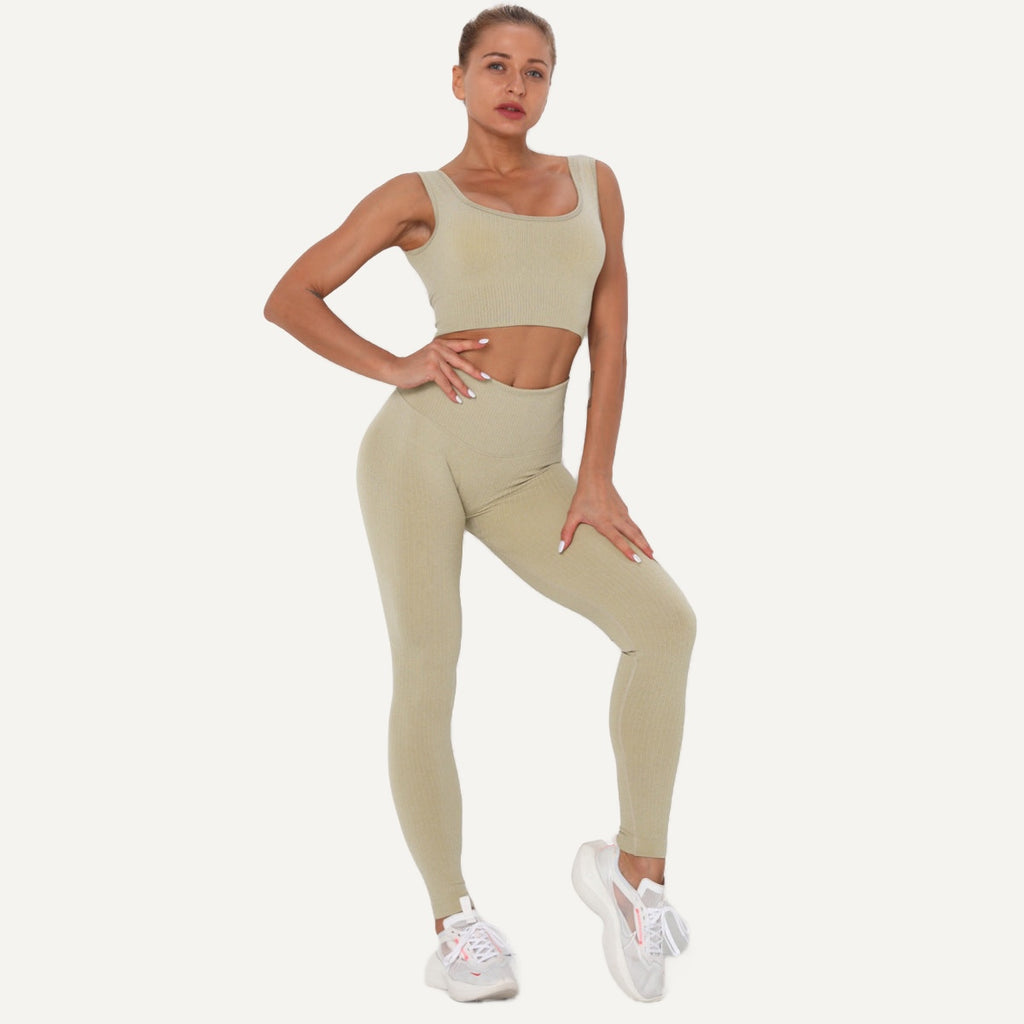 Workout Set with Square-Neck Crop Tank and Leggings - Cream