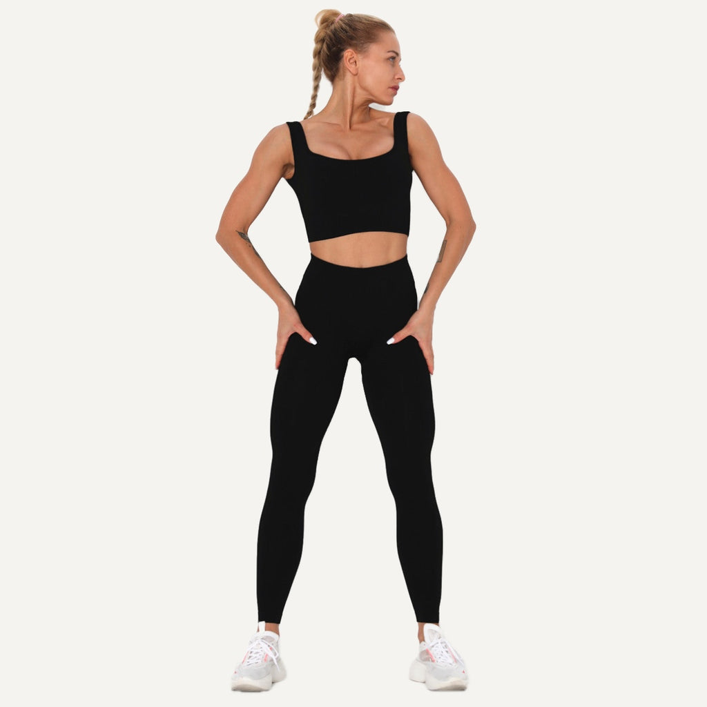 Workout Set with Square-Neck Crop Tank and Leggings - Black