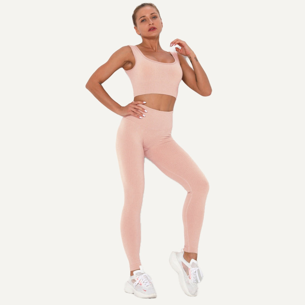Workout Set with Square-Neck Crop Tank and Leggings - Peach