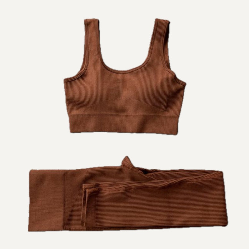 Ribbed Crop Top and Bottoms Workout Set - Brown Scoop