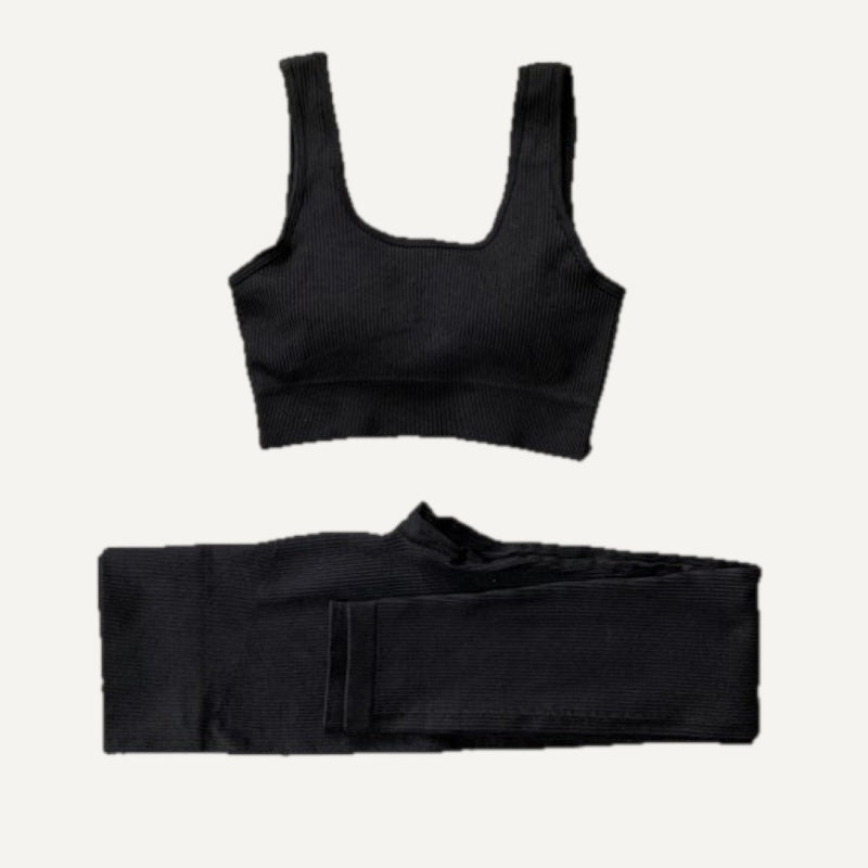 Ribbed Crop Top and Bottoms Workout Set - Black Scoop
