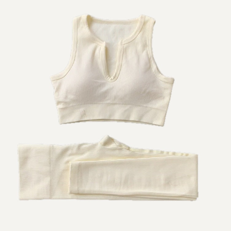 Ribbed Crop Top and Bottoms Workout Set - Ivory Notch