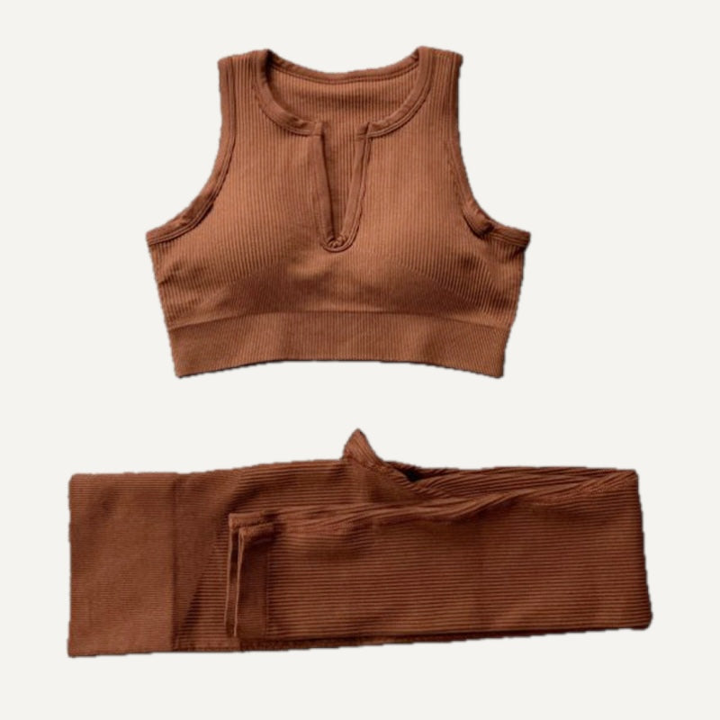 Ribbed Crop Top and Bottoms Workout Set - Brown Notch