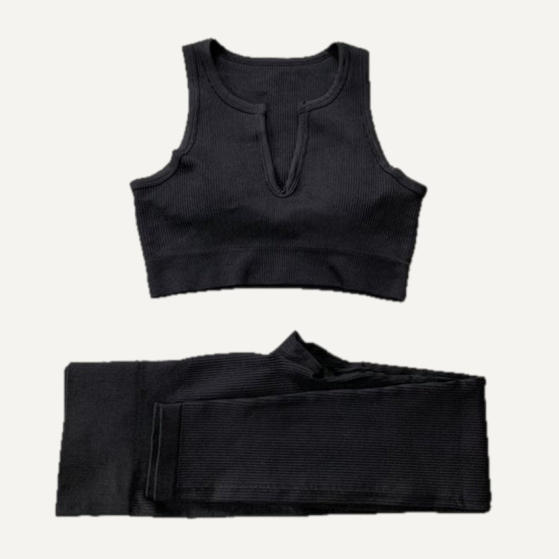 Ribbed Crop Top and Bottoms Workout Set - Black Notch