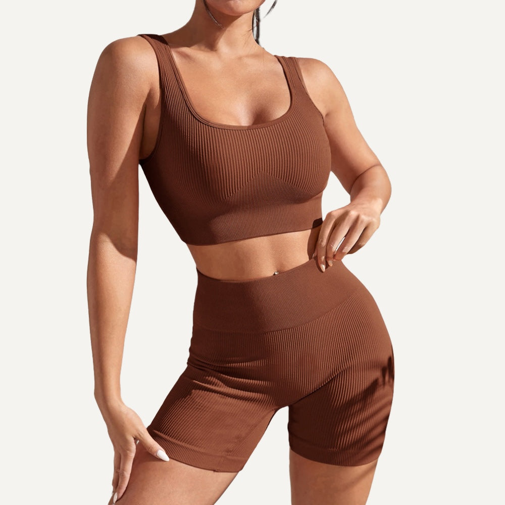 Ribbed Workout Set with Crop Tank and Shorts - Brown