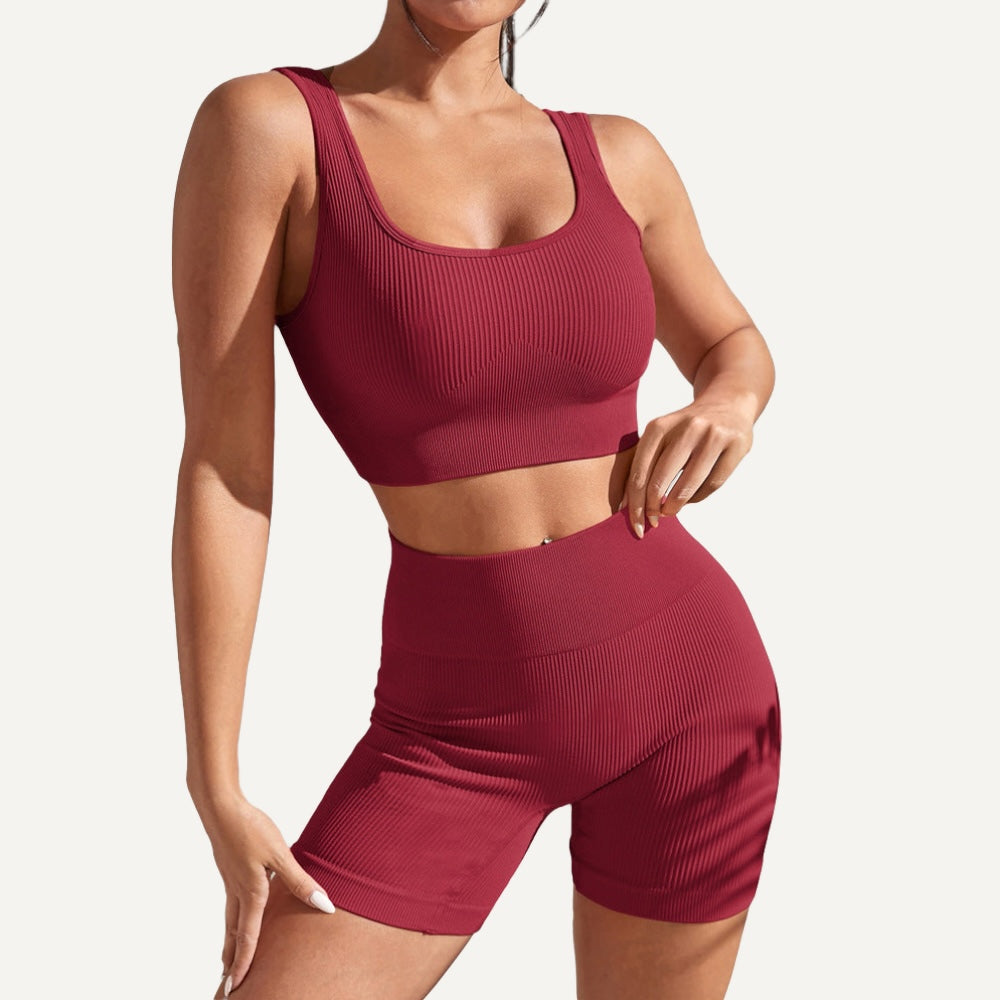 Ribbed Workout Set with Crop Tank and Shorts - Burgundy