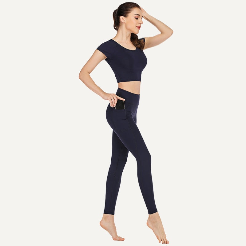 Workout Set with Short-Sleeve Top and Pocket Leggings - Navy