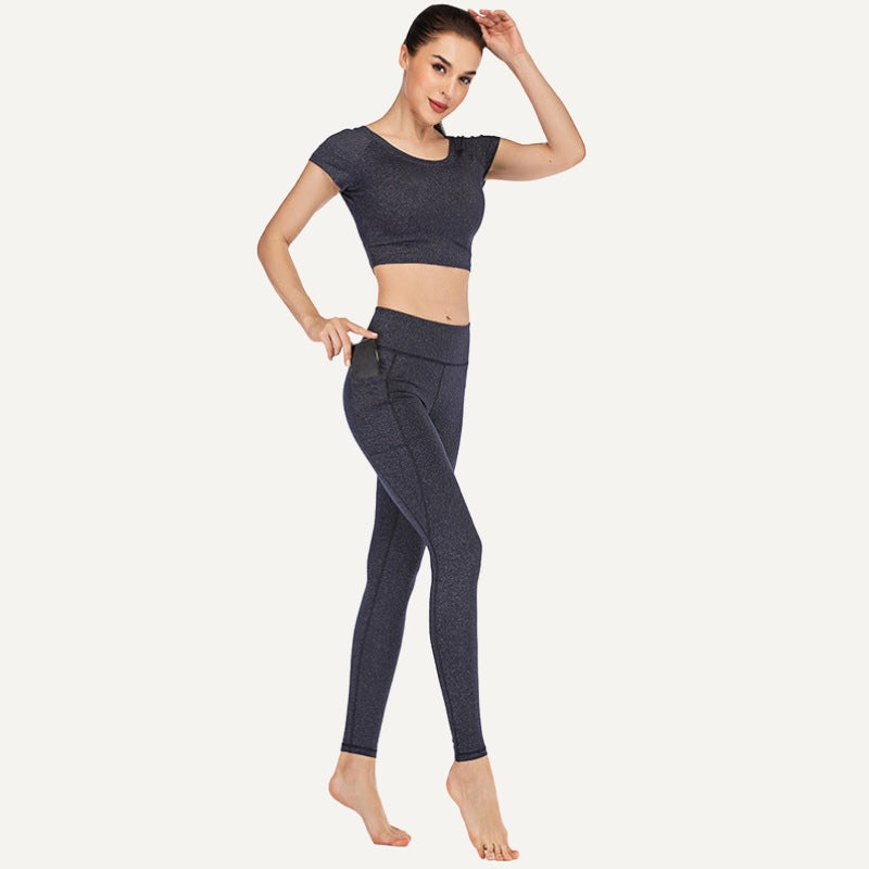 Workout Set with Short-Sleeve Top and Pocket Leggings - Charcoal