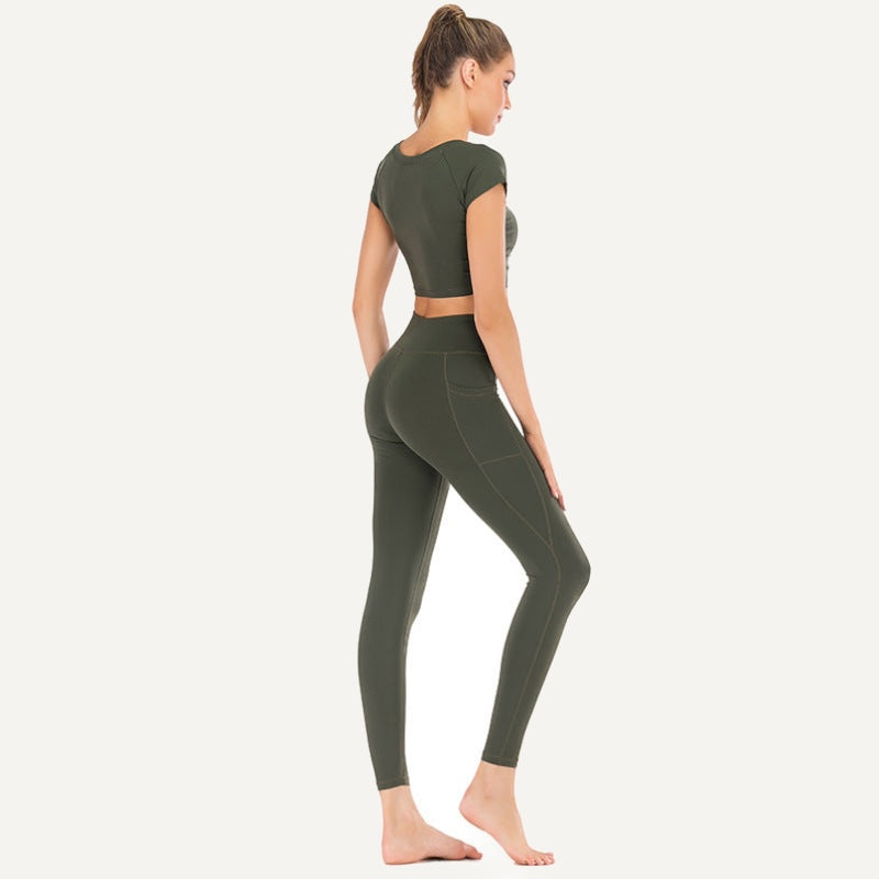 Workout Set with Short-Sleeve Top and Pocket Leggings - Olive