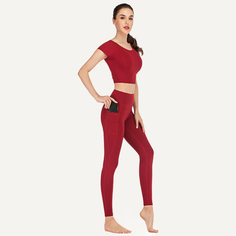 Workout Set with Short-Sleeve Top and Pocket Leggings - Red