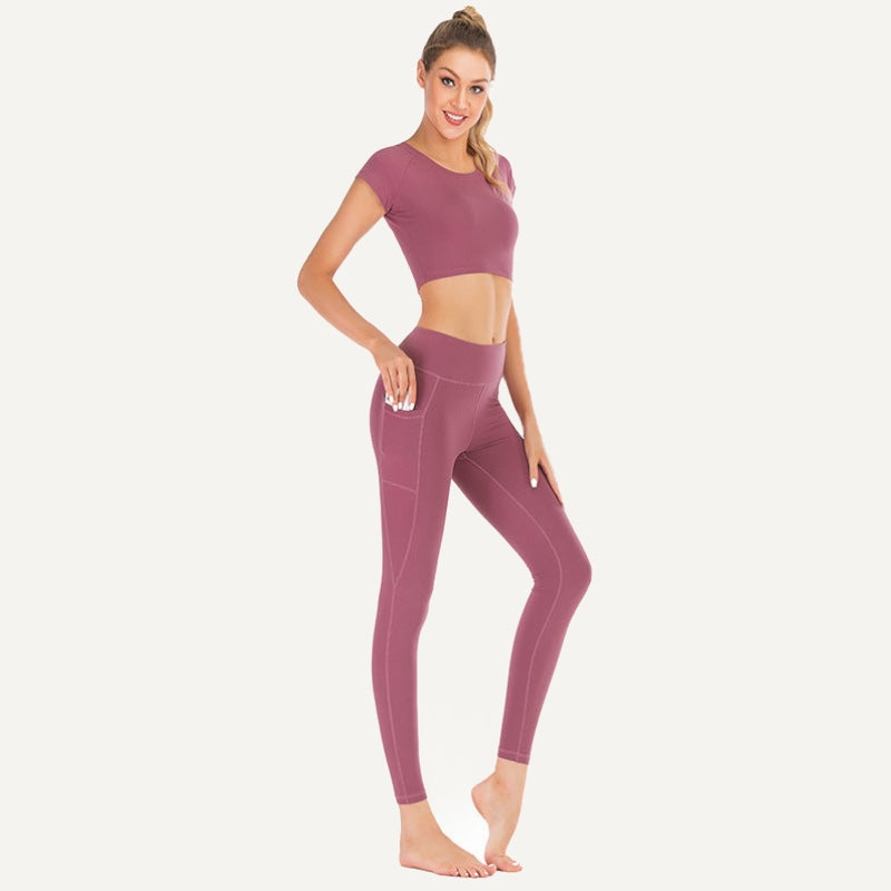 Workout Set with Short-Sleeve Top and Pocket Leggings - Mauve