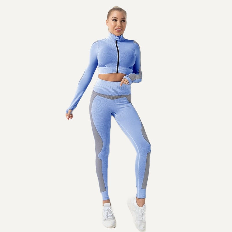 Workout Set with Zip-Up Crop Jacket and Paneled Leggings - Blue