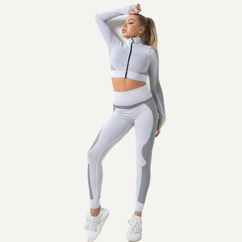 Workout Set with Zip-Up Crop Jacket and Paneled Leggings - Light Gray