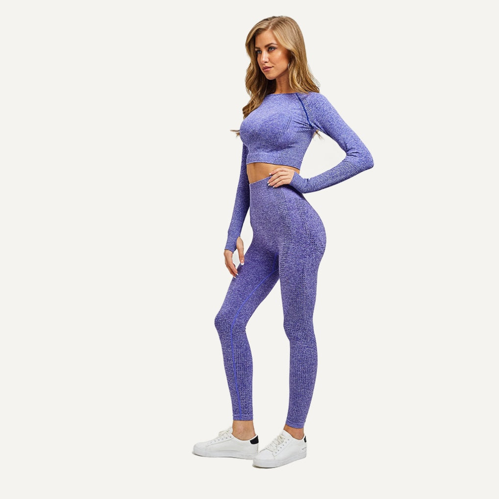 Long Sleeve Crop Top and Heathered Leggings Set - Purple