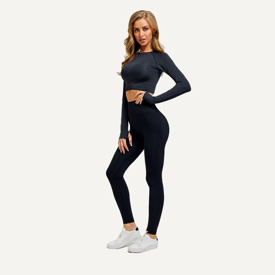 Long Sleeve Crop Top and Heathered Leggings Set - Black
