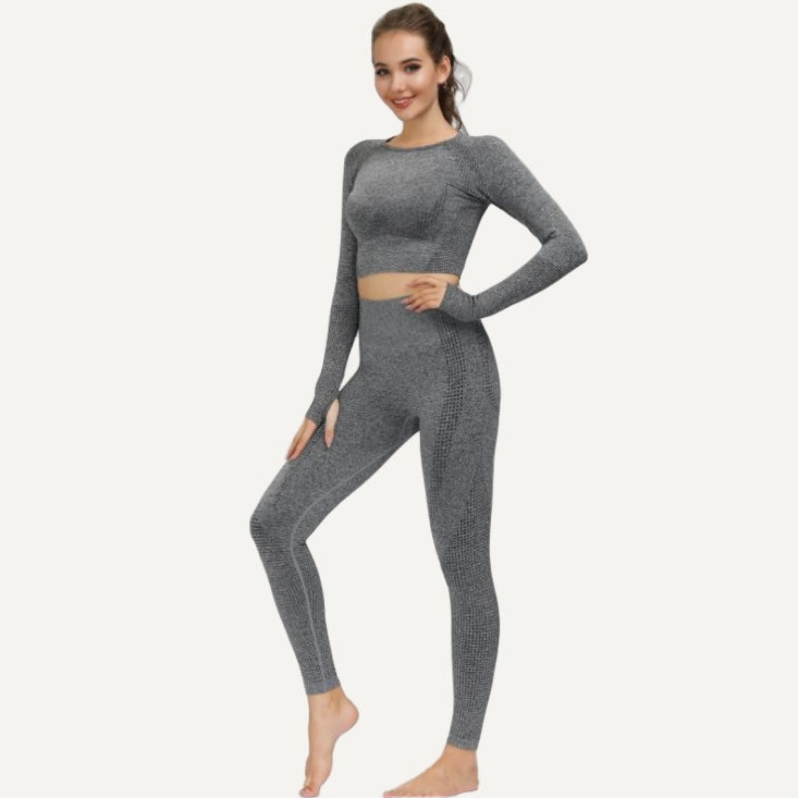 Long Sleeve Crop Top and Heathered Leggings Set - Charcoal