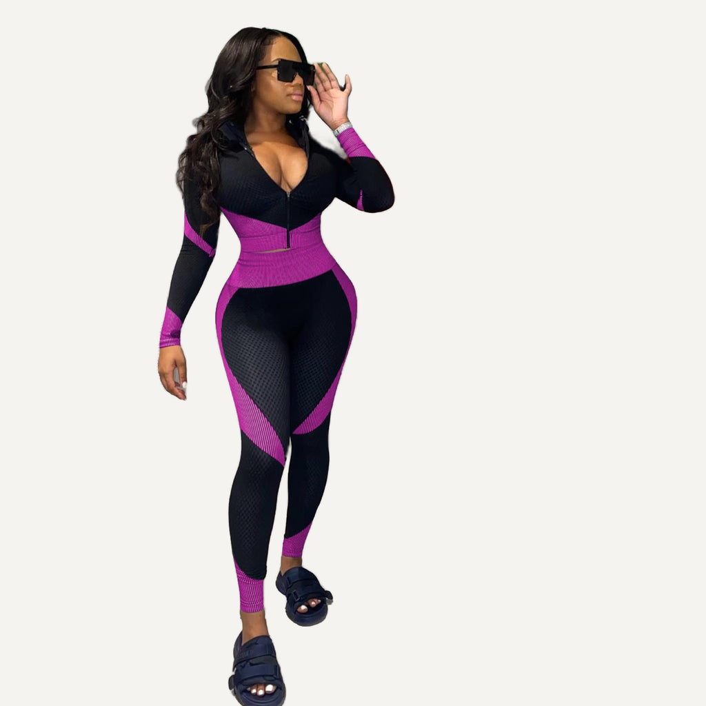Contrast-Panel Zip-Neck Top and Leggings Set - Purple