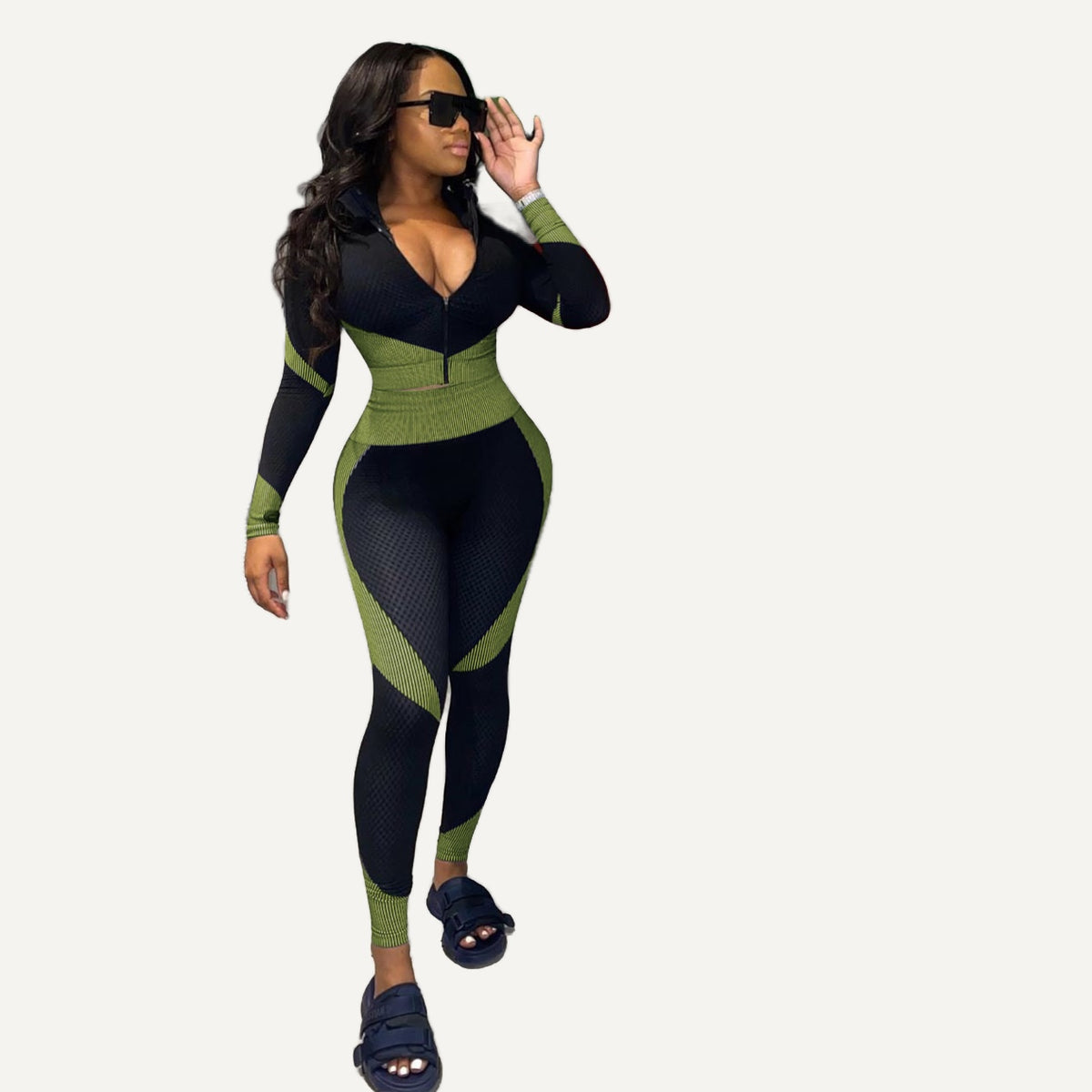 Contrast-Panel Zip-Neck Top and Leggings Set - Olive