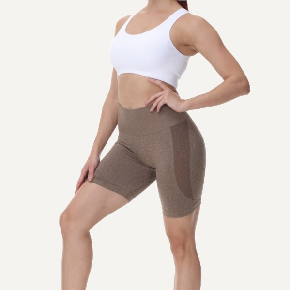 High-Waisted Heathered Workout Shorts - Brown