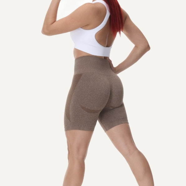 High-Waisted Heathered Workout Shorts - Brown
